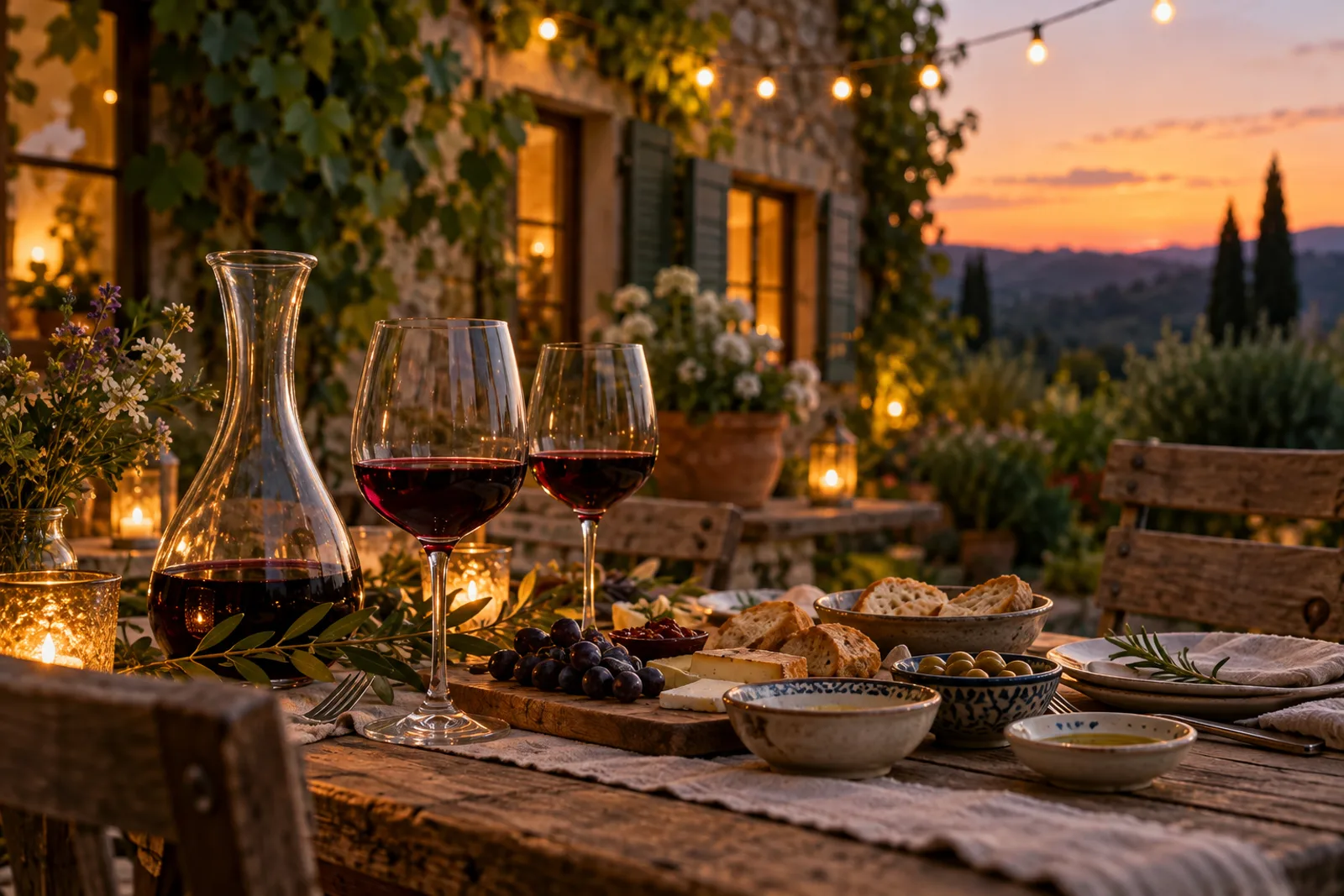 Gedeckter Gartentisch mit Rotwein bei Dämmerung (KI-generiertes Bild)