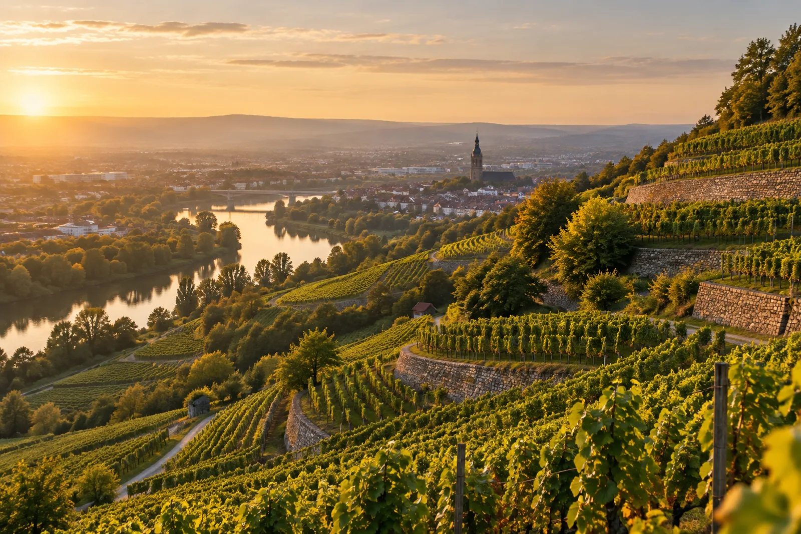 Weinbergterrassen im Abendlicht über einem Fluss, im Hintergrund eine Stadt mit Kirchturm (KI-generiertes Bild)